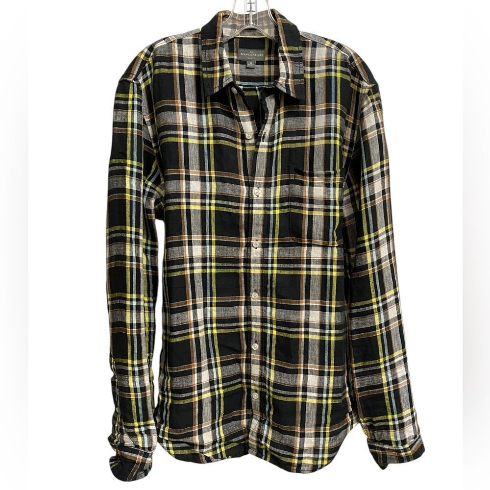 LL Bean Signature Men's Slim Fit Button Up Linen Shirt Size M Plaid Preppy